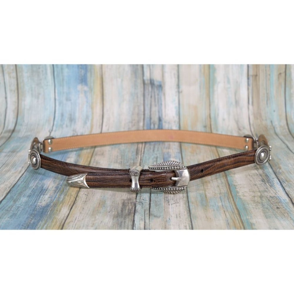 Vtg Enmon Brown Croc Italian Saddle Leather Concho Belt Size L (34") 9701